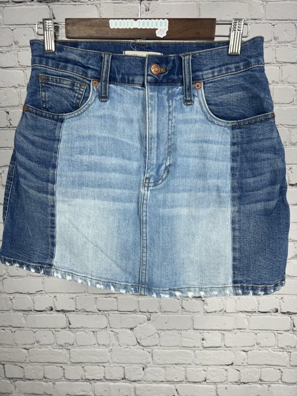 Madewell Blue Jean Two Toned Short Distressed Hem Denim Mini Skirt 27 (27”x 15”)